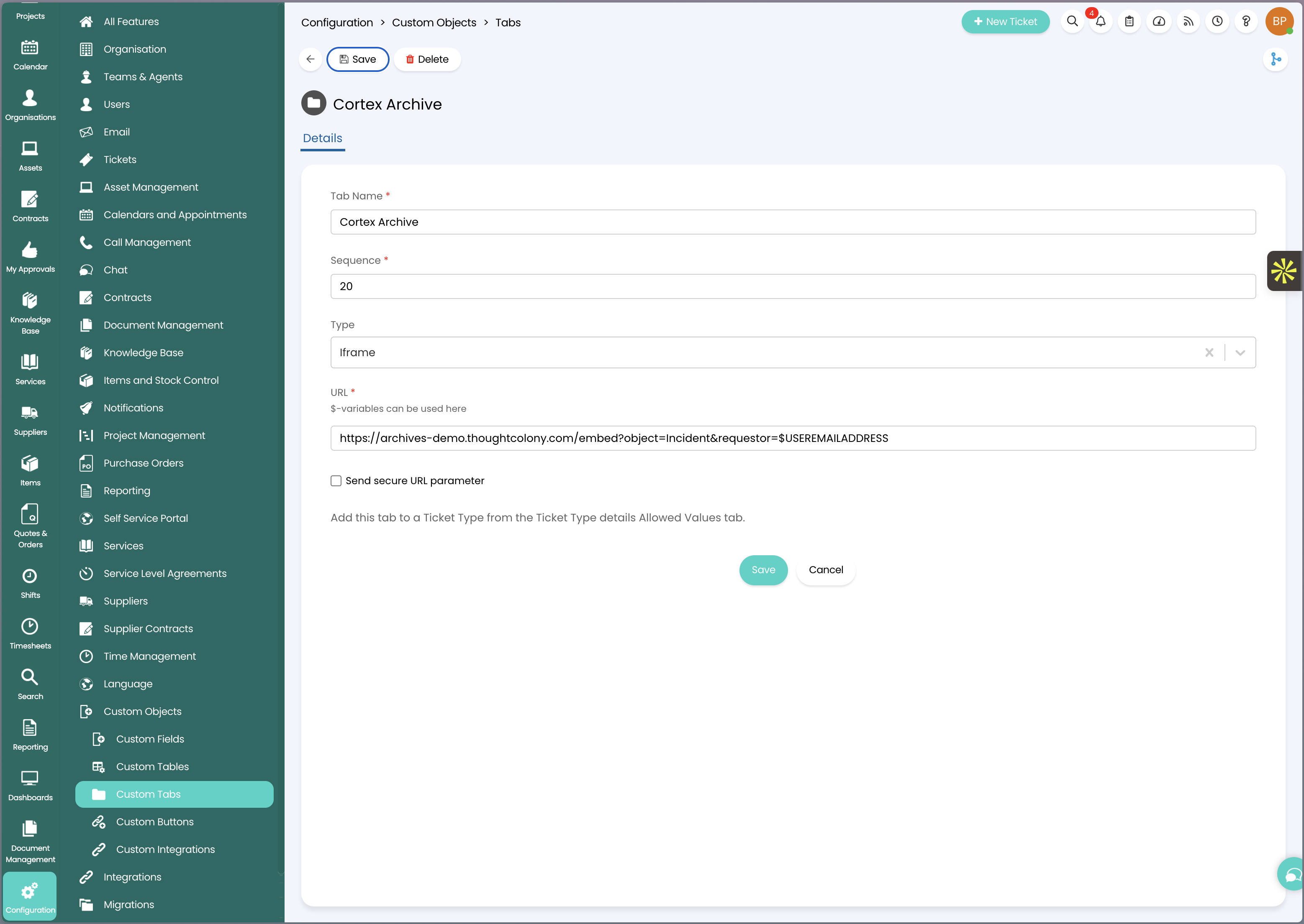 Create a new iframe tab with the appropriate URL