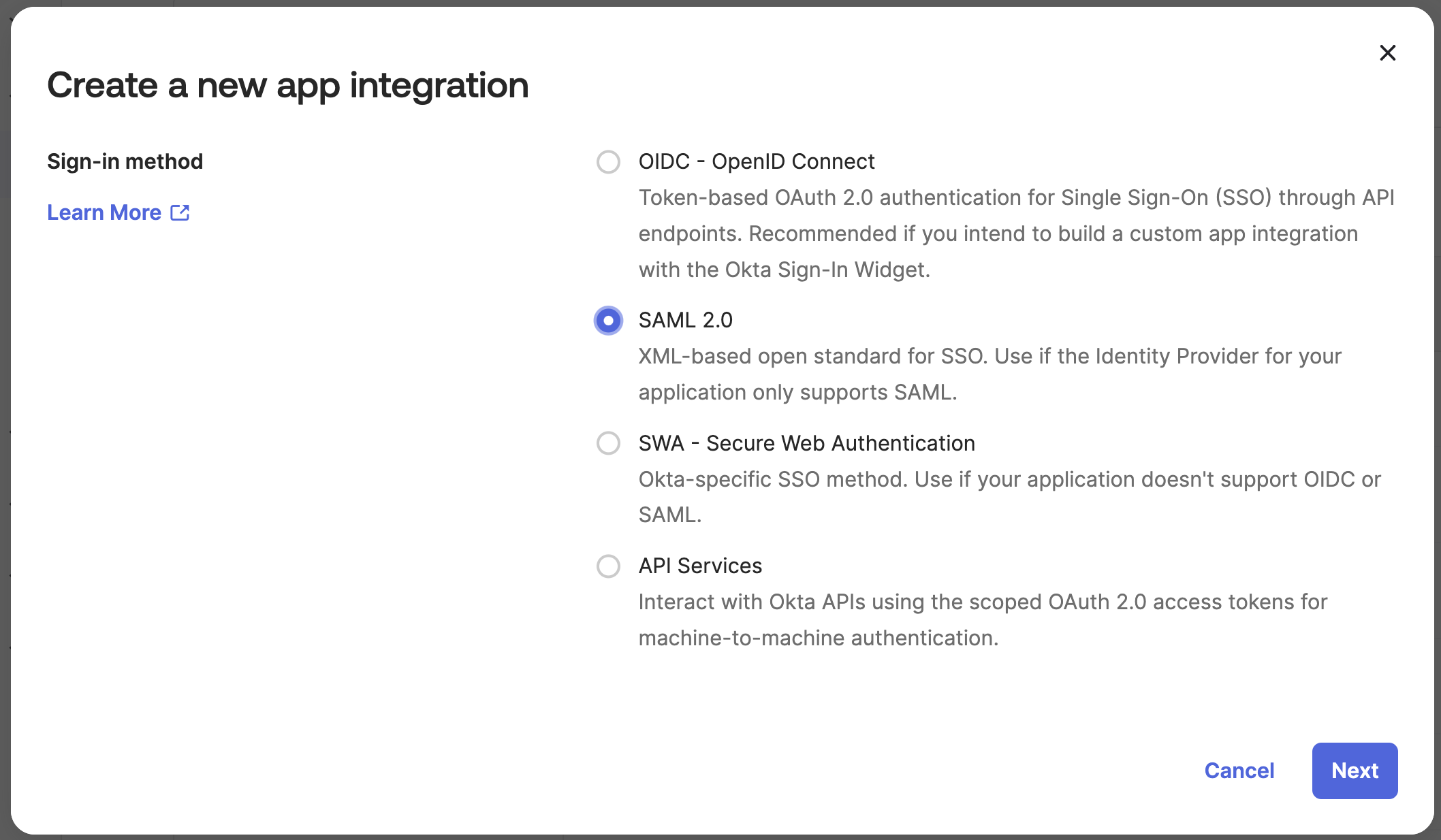 Create a new app integration